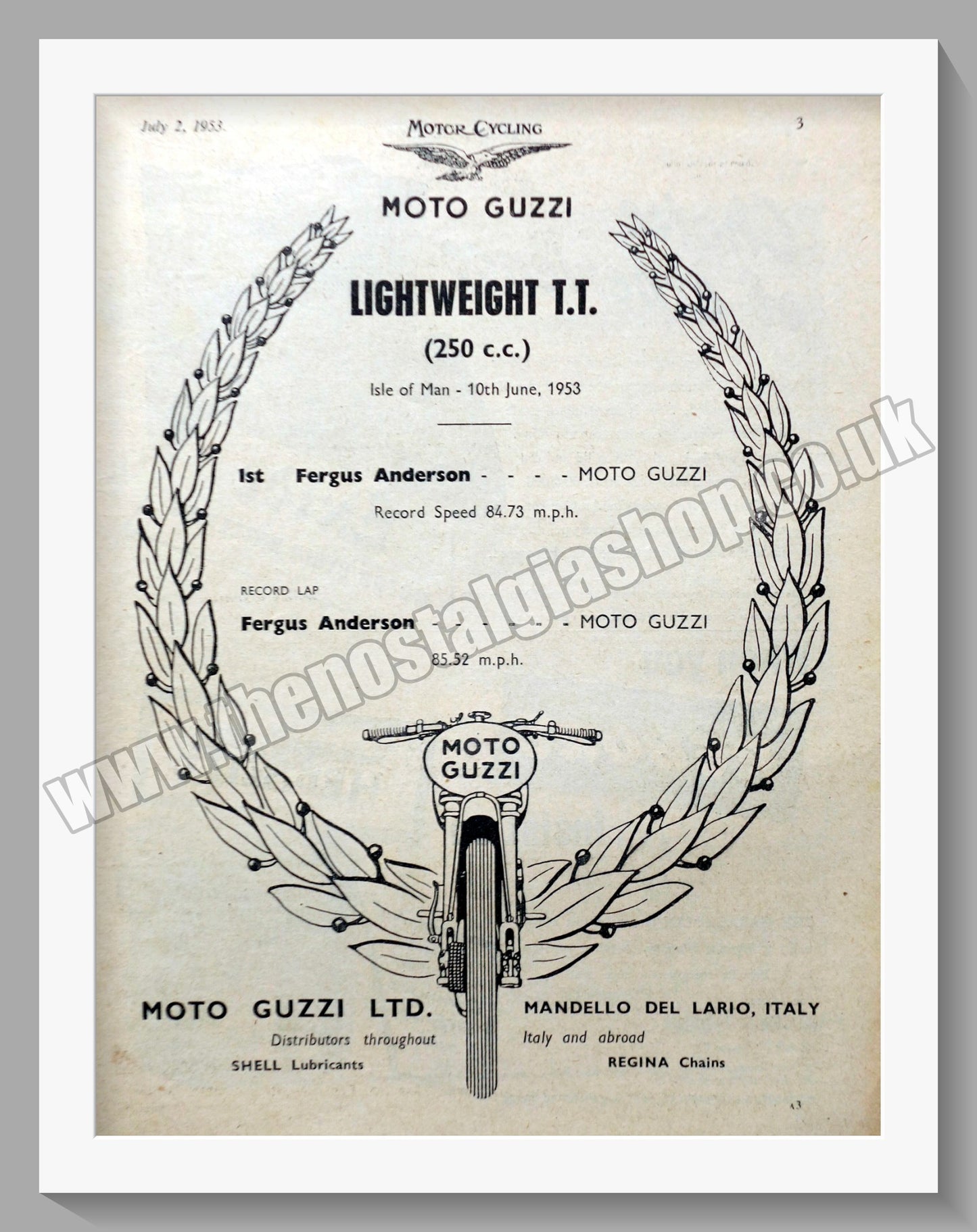 Moto Guzzi Motorcycles. Lightweight T.T. Original Advert 1953 (ref AD56708)