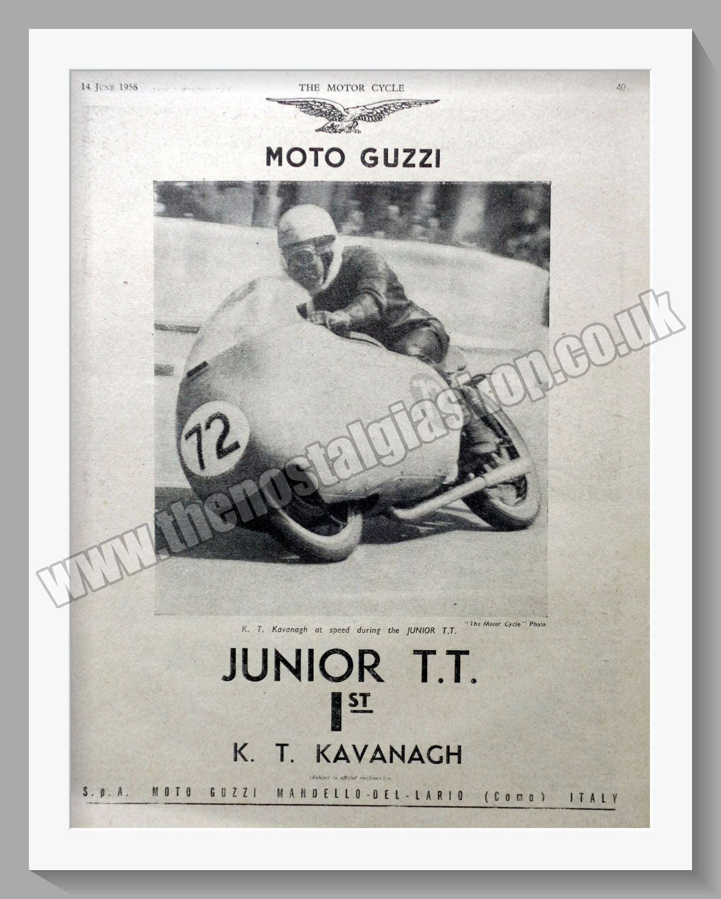 Moto Guzzi Motorcycle. Junior T.T. 1st Place. Original Advert 1956 (ref AD56714)