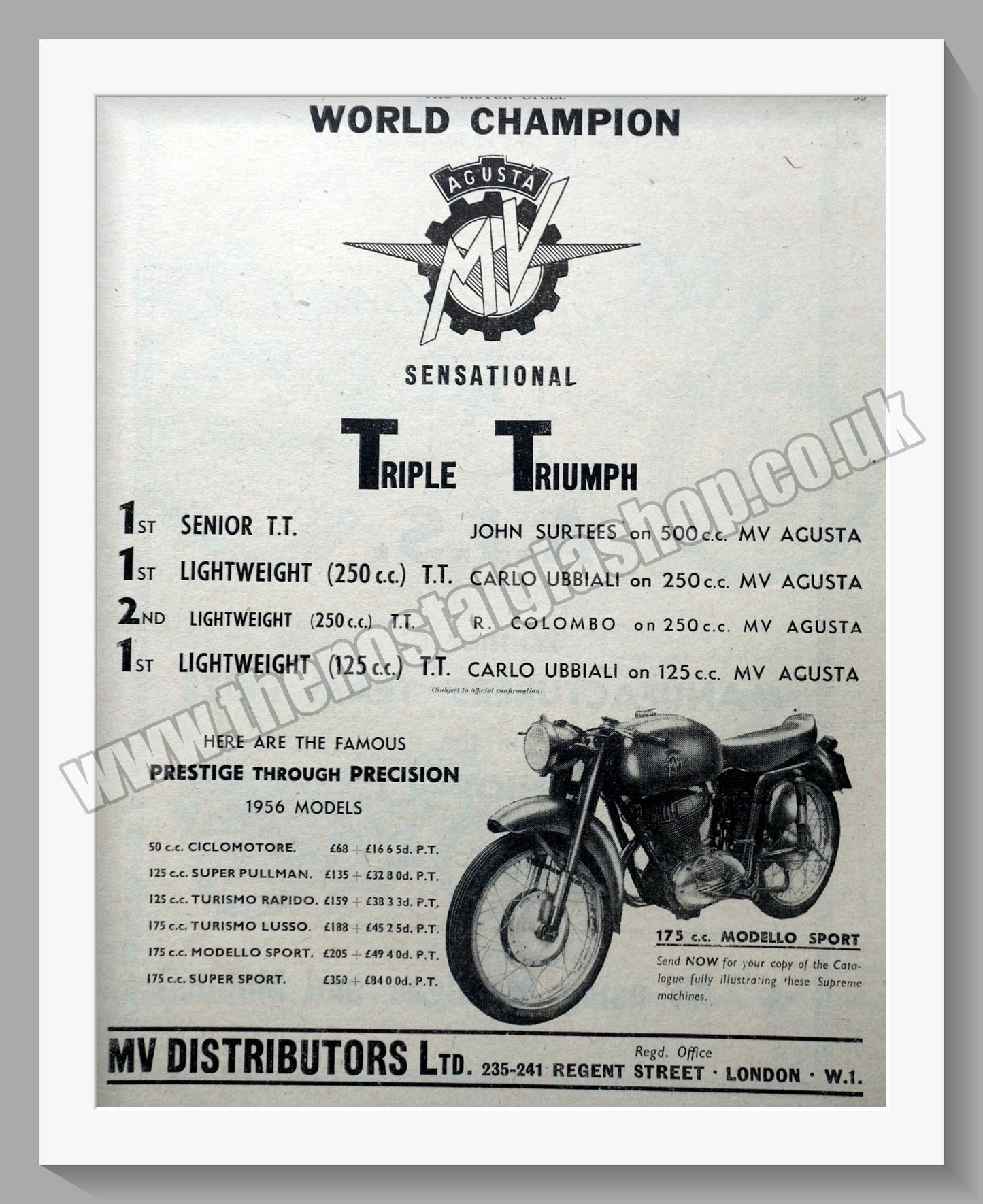 MV Agusta T.T. Tripple Wins. Original Advert 1956 (ref AD56715)