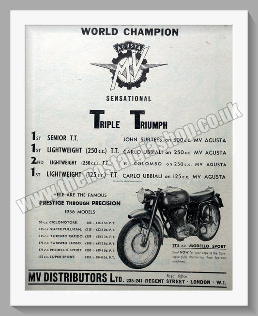 MV Agusta T.T. Tripple Wins. Original Advert 1956 (ref AD56715)