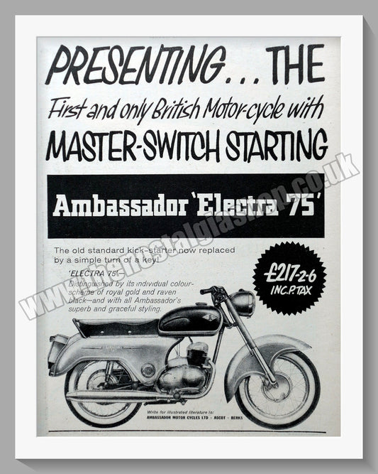 Ambassador Electra 75 Motorcycle. Original Advert 1960 (ref AD56744)