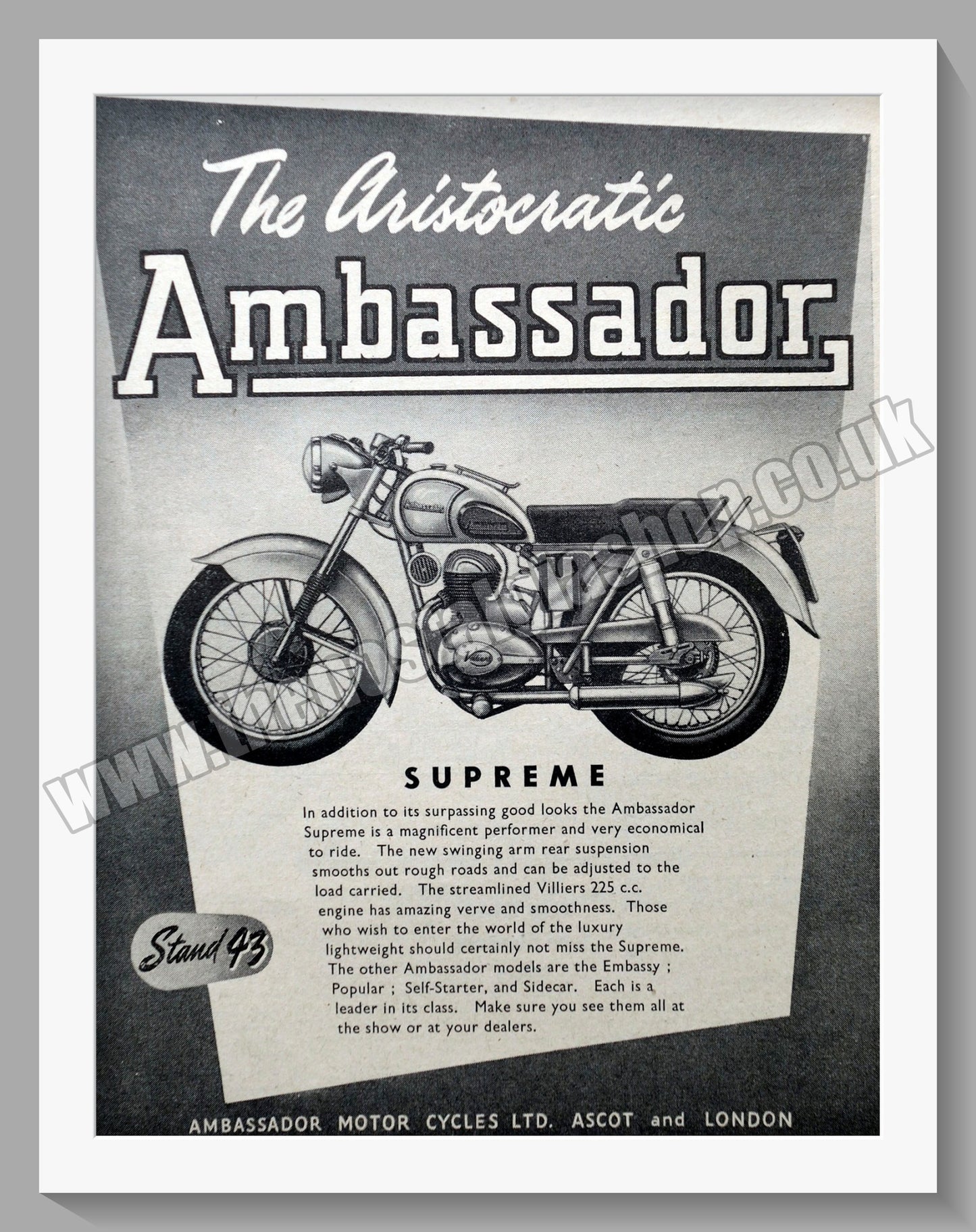 Ambassador Supreme Motorcycle. Original Advert 1953 (ref AD56743)