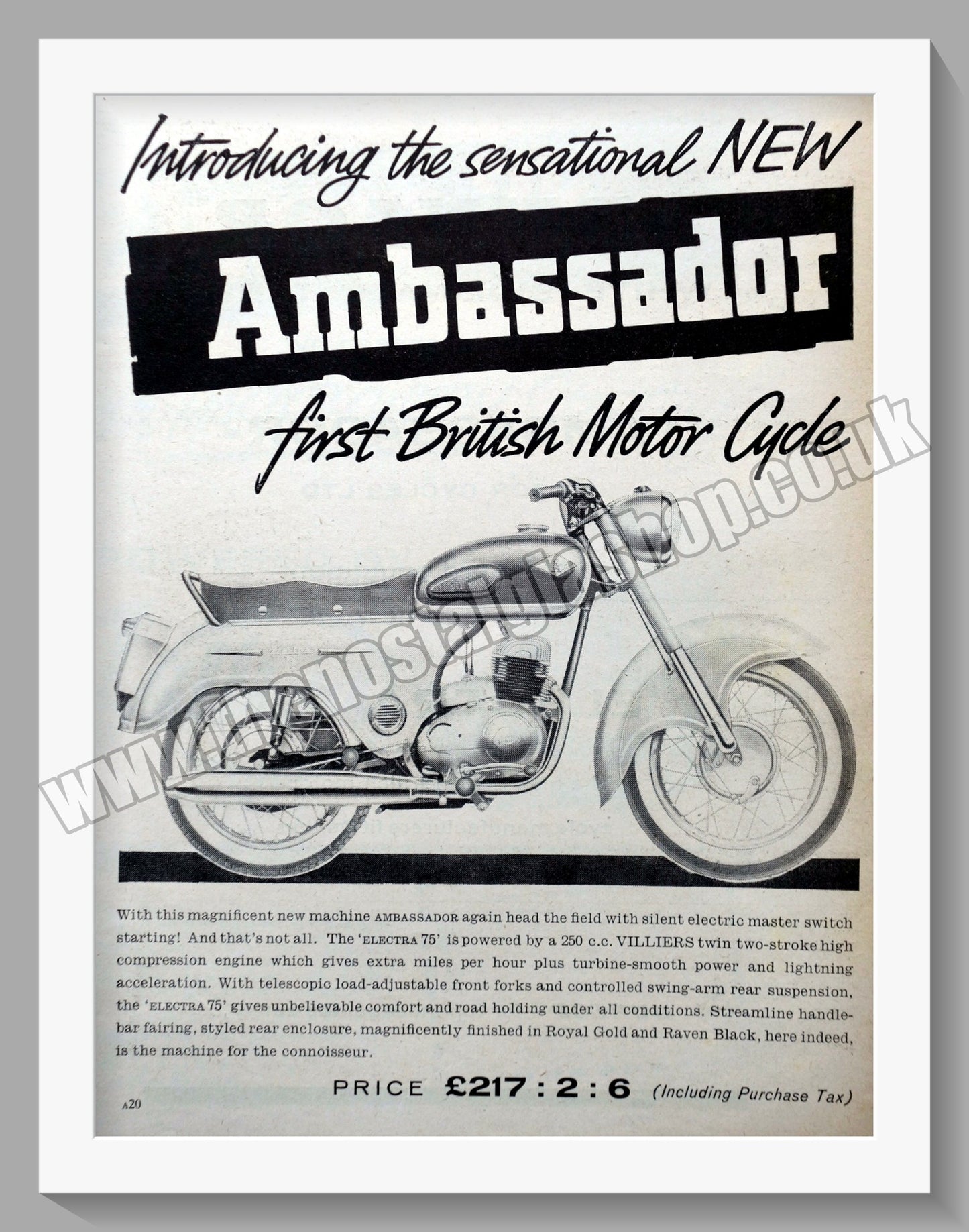 Ambassador Electra 75 Motorcycle. Original Double Advert 1960 (ref AD56760)