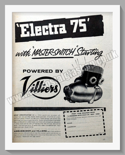 Ambassador Electra 75 Motorcycle. Original Double Advert 1960 (ref AD56760)