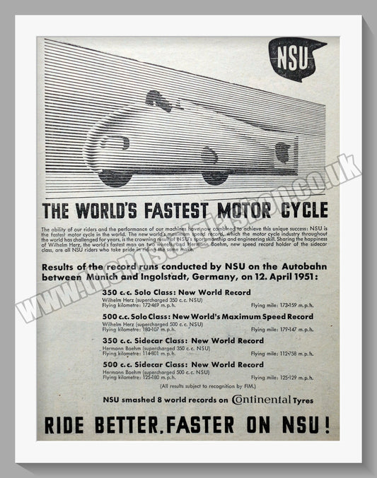 NSU World's Fastest Motorcycle. Original Advert 1951 (ref AD56764)