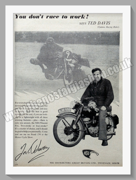 NSU/Vincent Fox Motorcycle. Original Advert 1954 (ref AD56765)