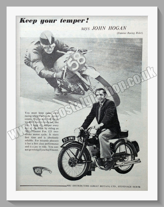 NSU/Vincent Fox Motorcycle. John Hogan. Original Advert 1954 (ref AD56766)