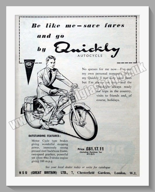 NSU Quickly Motorcycle. Original Advert 1956 (ref AD56769)