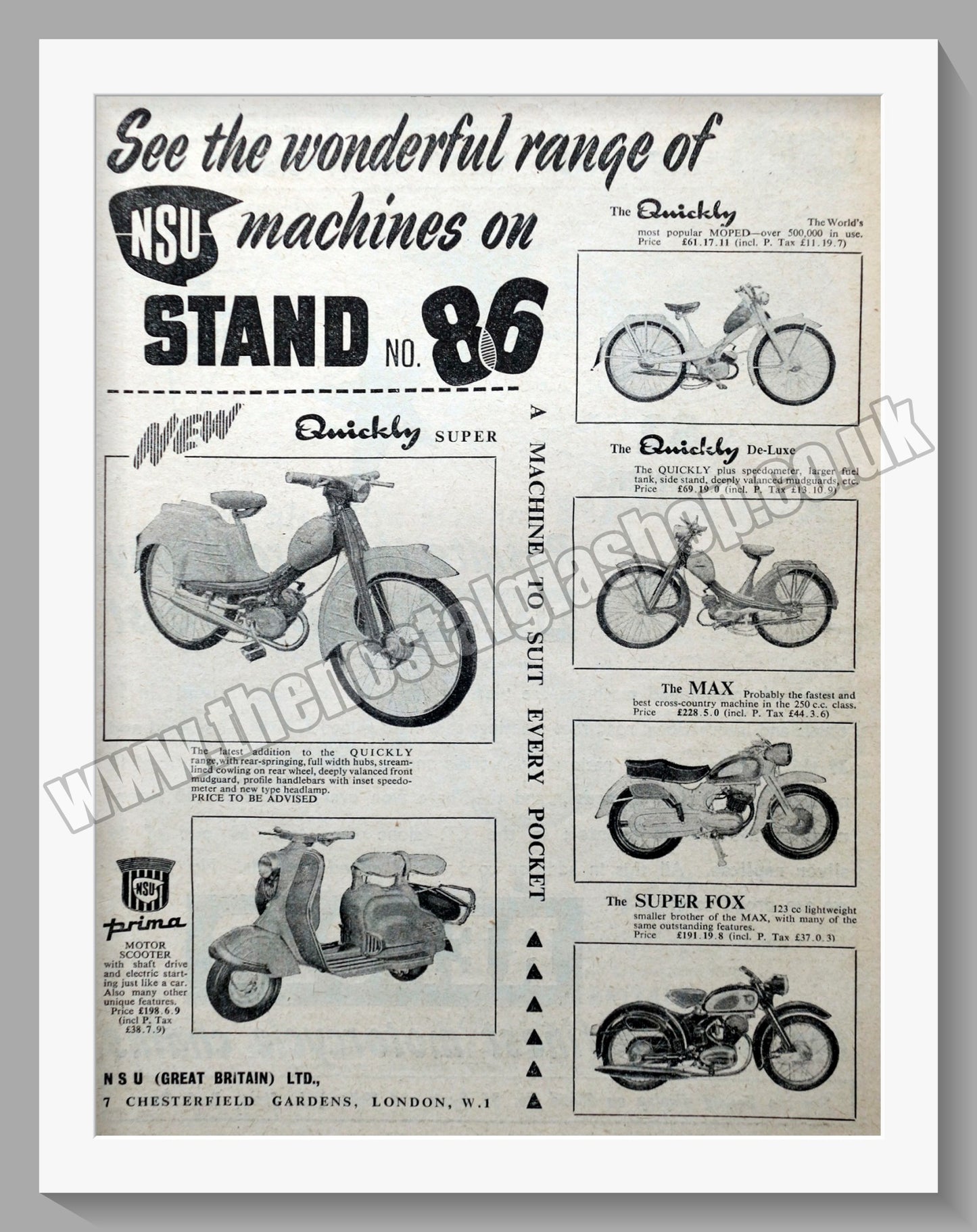 NSU Motorcycle & Scooter Range. Original Advert 1956 (ref AD4179)