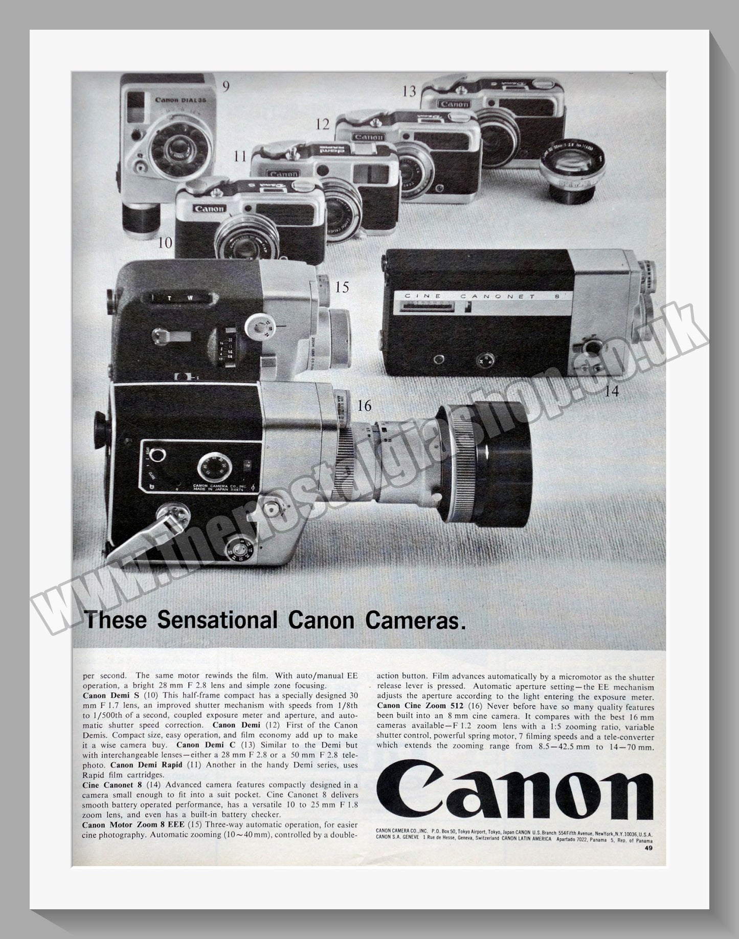 Canon Camera Range. Original Double Advert 1965 (ref AD300619)