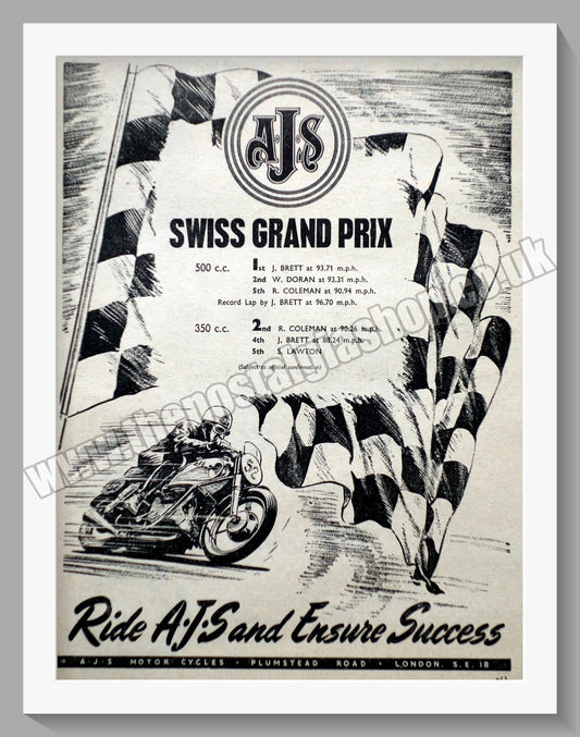 A.J.S Motorcycles Win Swiss Grand Prix. Original Advert 1952 (ref AD56801)