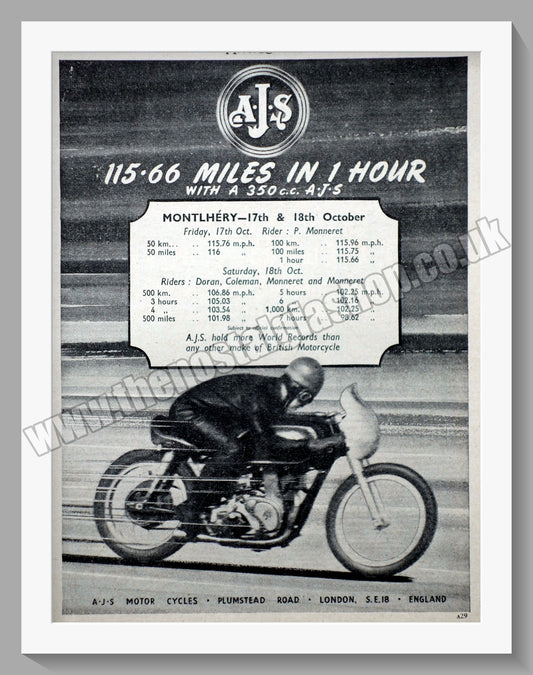 A.J.S 350cc Motorcycle 115mph at Montlhery. Original Advert 1952 (ref AD56804)