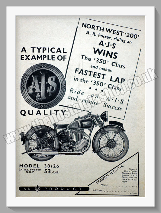 A.J.S Model 38/26 350cc Motorcycle Wins North West 200. Original Advert 1938 (ref AD56808)