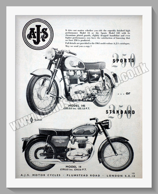 A.J.S Model 14 & 14S Motorcycles. Original Advert 1961 (ref AD56811)