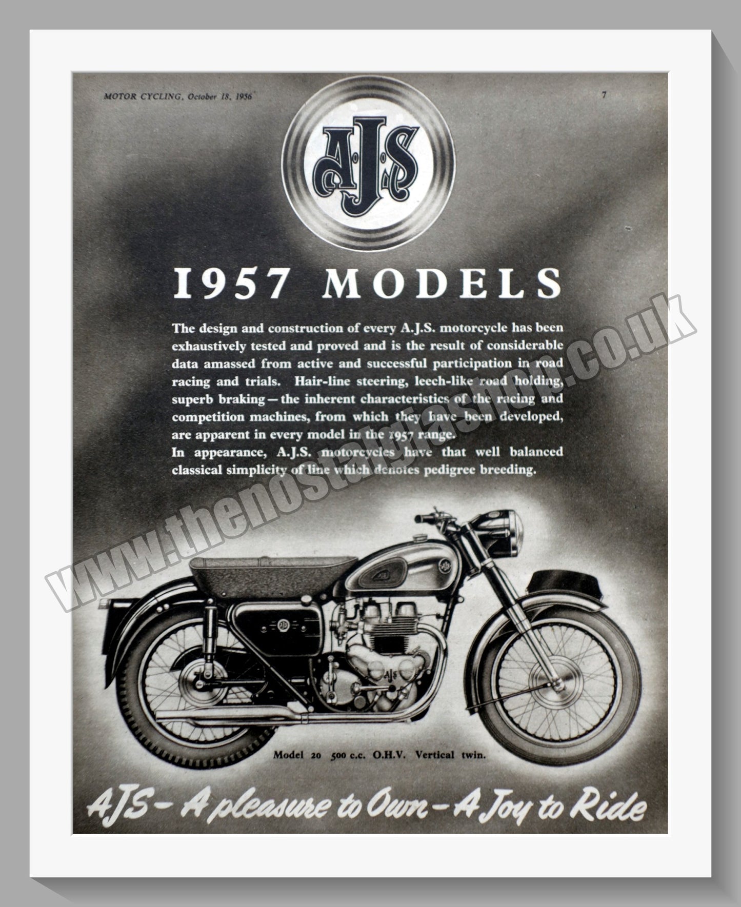 A.J.S Model 20 500cc Motorcycle. Original Advert 1956 (ref AD56826)