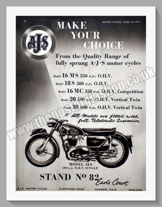 A.J.S Model 18S 500cc Motorcycle. Original Advert 1955 (ref AD56830)