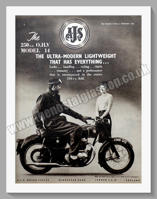 A.J.S Model 14 250cc Lightweight Motorcycle. Original Advert 1959 (ref AD56840)