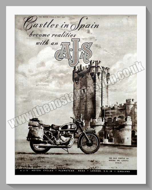 A.J.S Motorcycles. Castle of Medina Del Campo, Spain. Original Advert 1951 (ref AD56842)