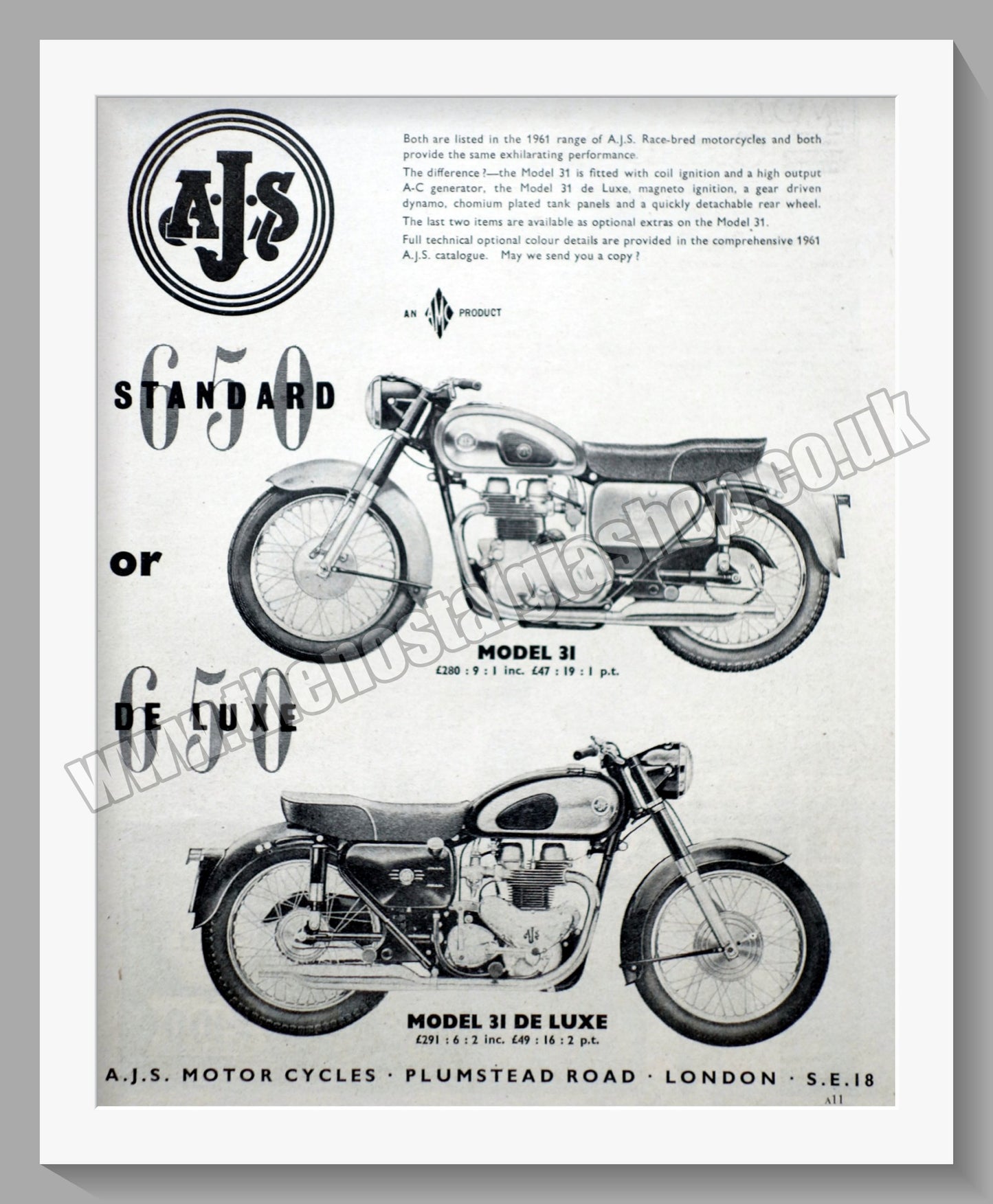 A.J.S 31 CSR 650cc Motorcycle. Standard or De Luxe. Original Advert 1961 (ref AD56852)