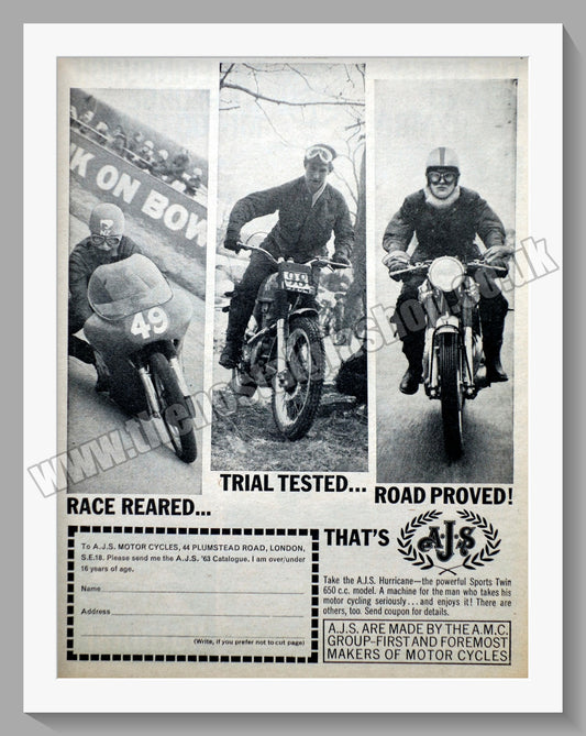 A.J.S Motorcycles. Race Reared, Road Proved. Original Advert 1963 (ref AD56854)