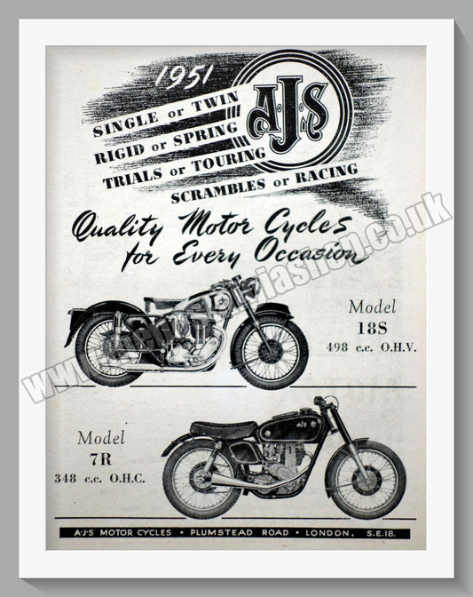 A.J.S Model 18S & Model 7R Motorcycles. Original Advert 1950 (ref AD56856)