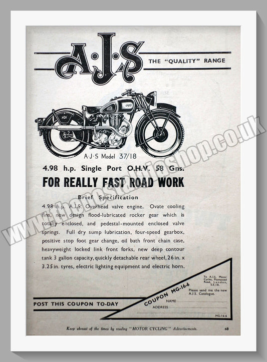 A.J.S Model 37/18 Motorcycle. Original Advert 1937 (ref AD56861)