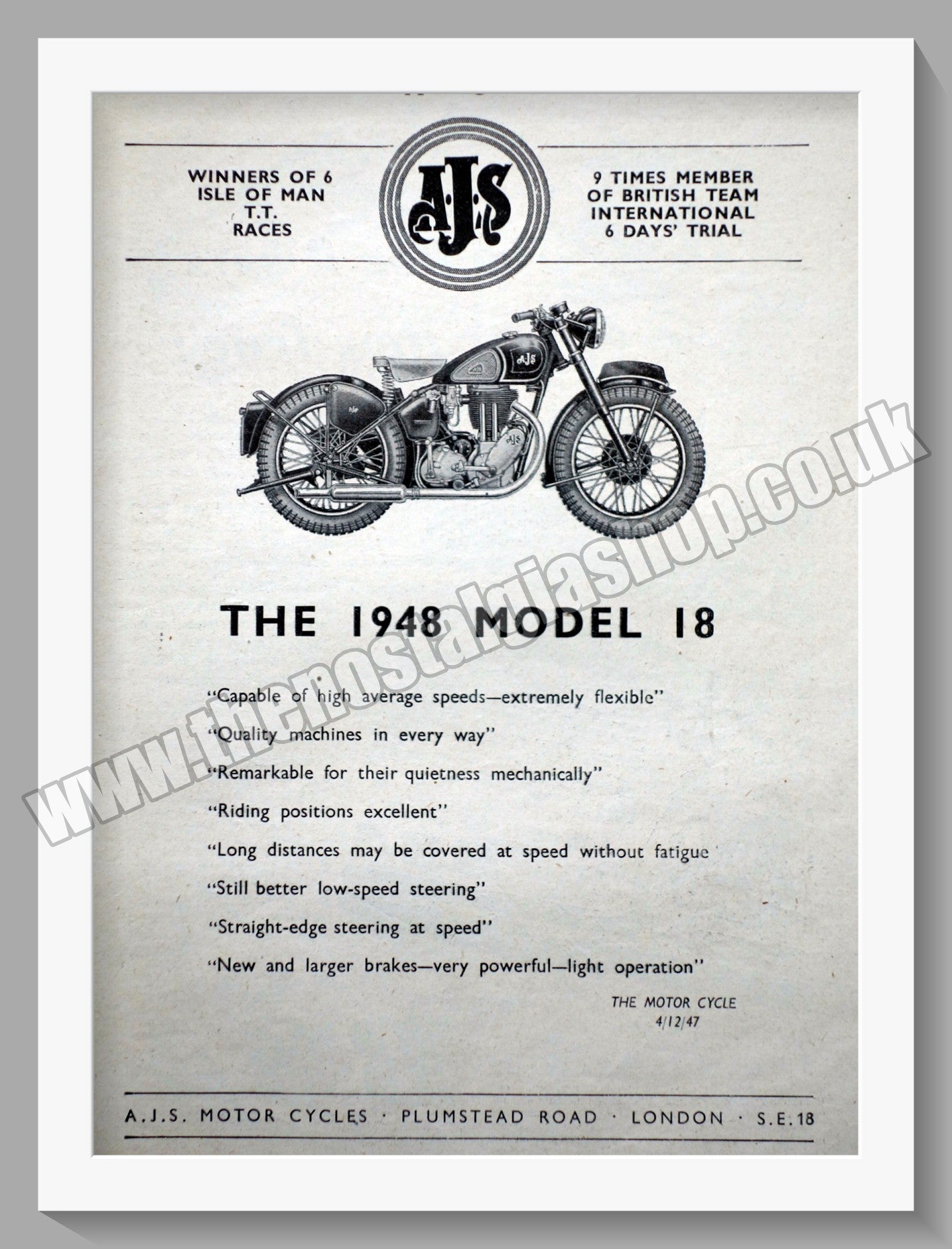 A.J.S Model 18 Motorcycle. Original Advert 1947 (ref AD56862)