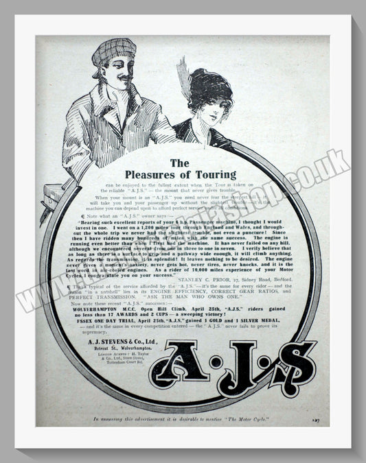 A.J.S Motorcycles. The Pleasures of Touring. Original Advert 1914 (ref AD56864)