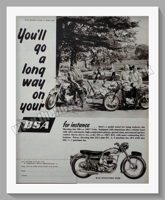 BSA 500cc Shooting Star Motorcycle. Original Advert 1957 (ref AD56874)