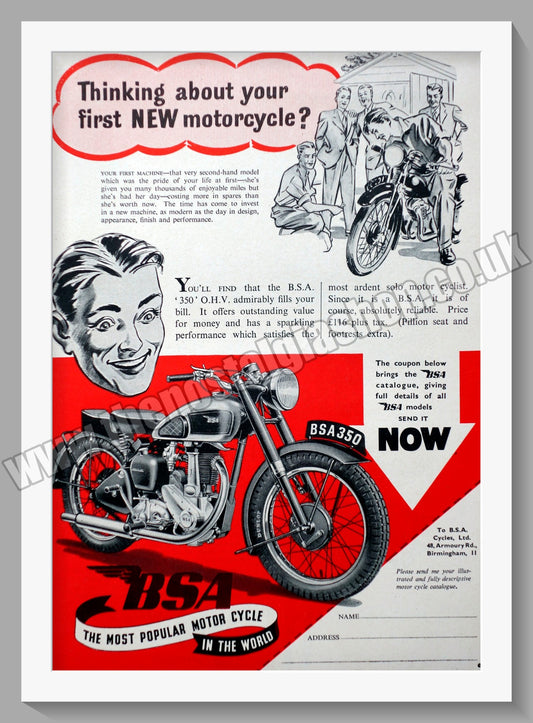 BSA 350cc Motorcycle. Original Advert 1951 (ref AD56883)