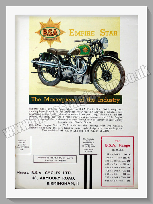 BSA Empire Star Motorcycle. Original Advert 1936 (ref AD56884)