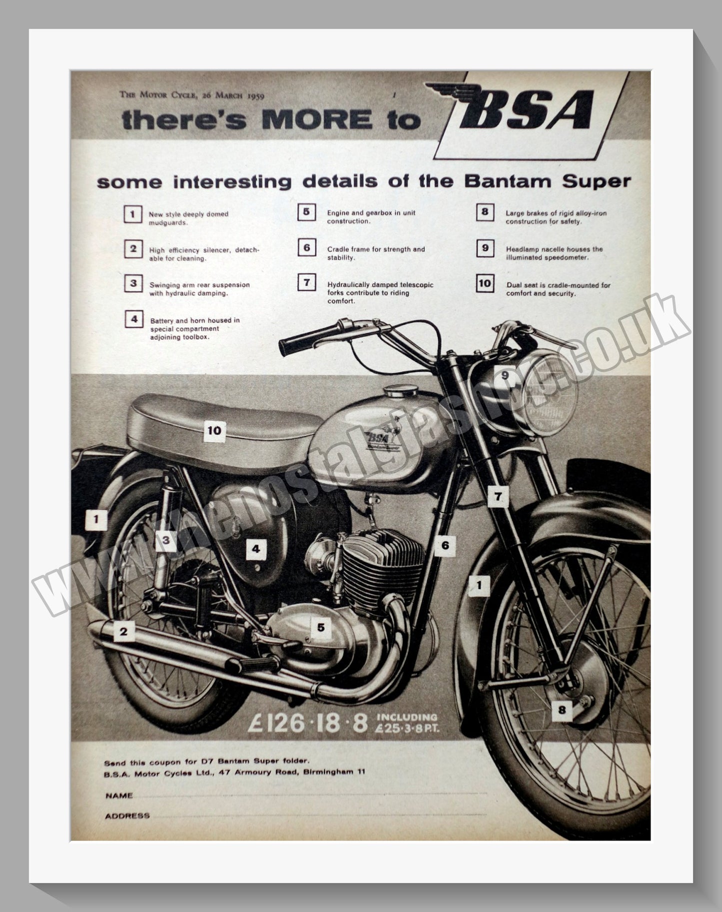 BSA Bantam Super Motorcycle. Original Advert 1959 (ref AD56887)