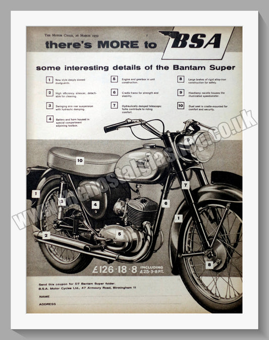 BSA Bantam Super Motorcycle. Original Advert 1959 (ref AD56887)
