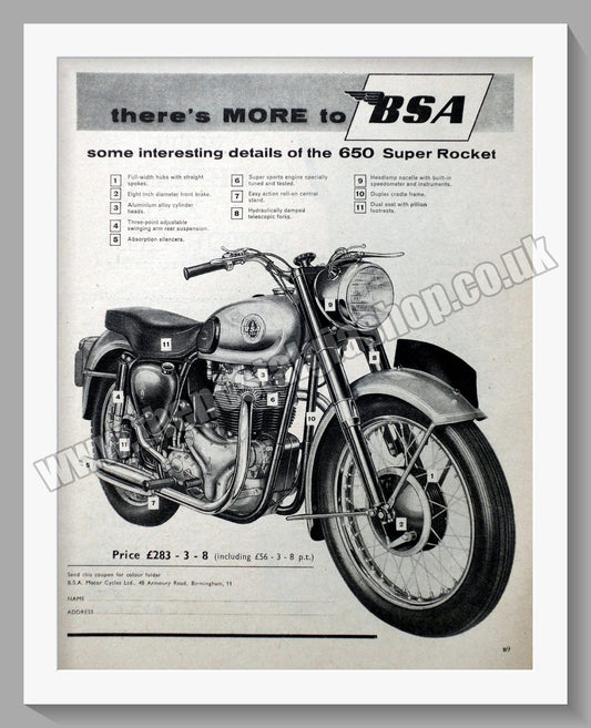 BSA 650 Super Rocket Motorcycle. Original Advert 1959 (ref AD56888)