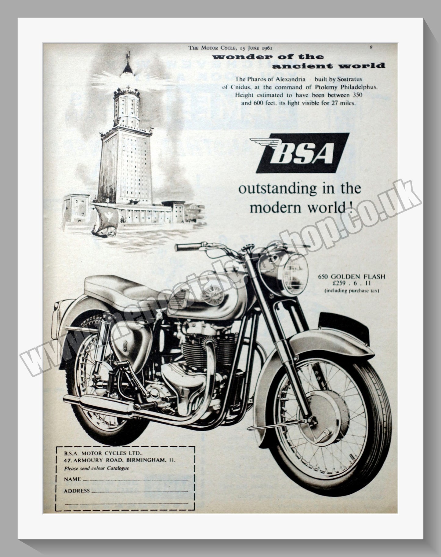 BSA 650 Golden Flash Motorcycle. Original Advert 1961 (ref AD56890)