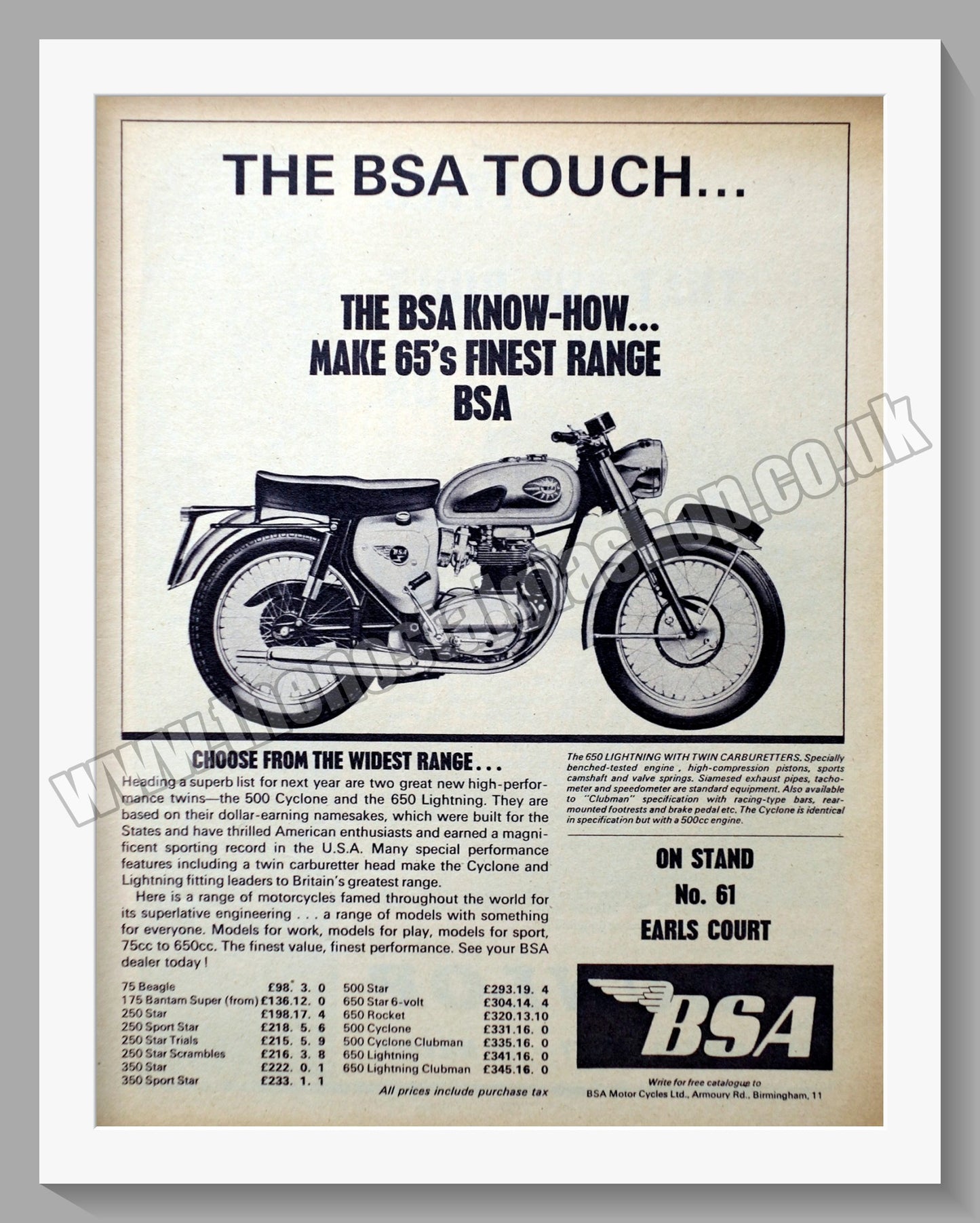 BSA 650 Lightning Motorcycle. Original Advert 1964 (ref AD56904)