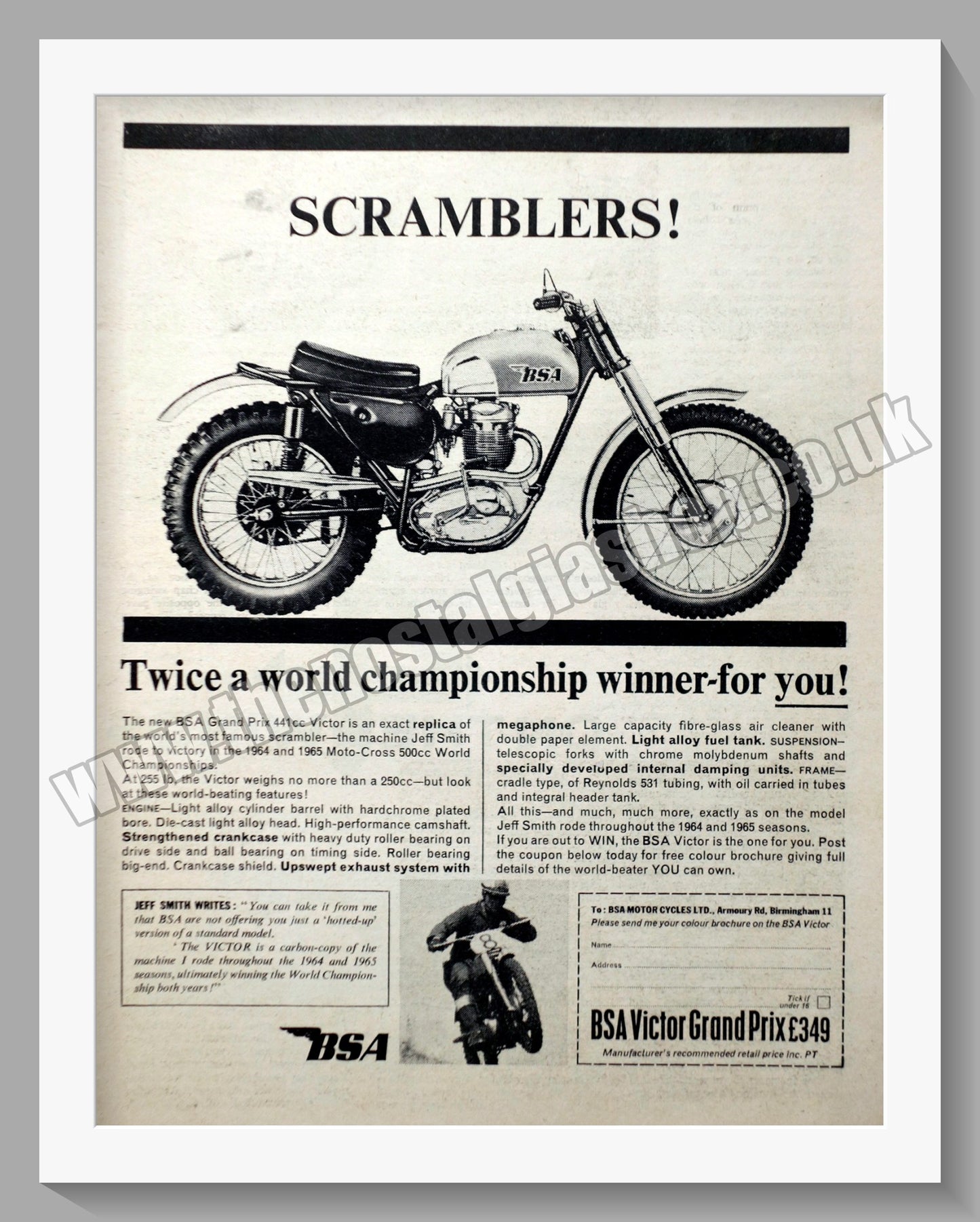 BSA Grand Prix 441cc Victor Motorcycle. Original Advert 1965 (ref AD56906)