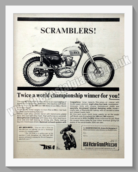 BSA Grand Prix 441cc Victor Motorcycle. Original Advert 1965 (ref AD56906)
