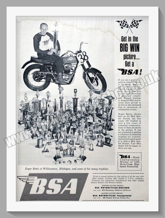 BSA Motorcycles Roger Bates Winning in America. Original Advert 1965 (ref AD56911)
