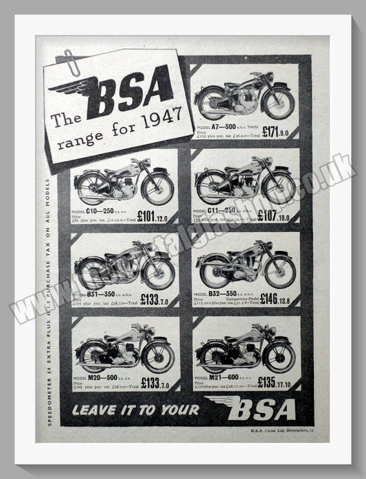 BSA Motorcycle Range. Original Advert 1946 (ref AD56916)