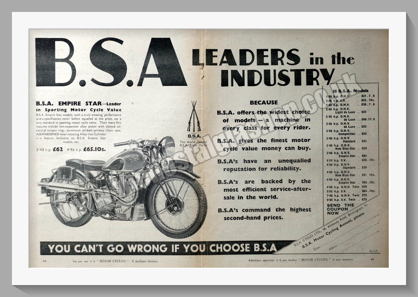 BSA Empire Star Motorcycle. Original Advert 1936 (ref AD14515)