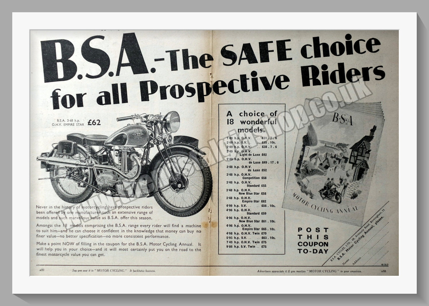 BSA Empire Star Motorcycle. Original Advert 1936 (ref AD14516)