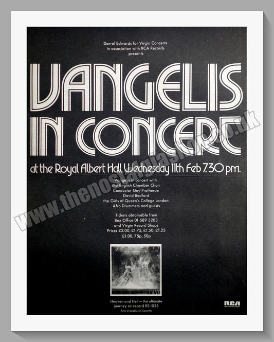 Vangelis. In Concert, Royal Albert Hall. Original Advert 1976 (ref AD14524)