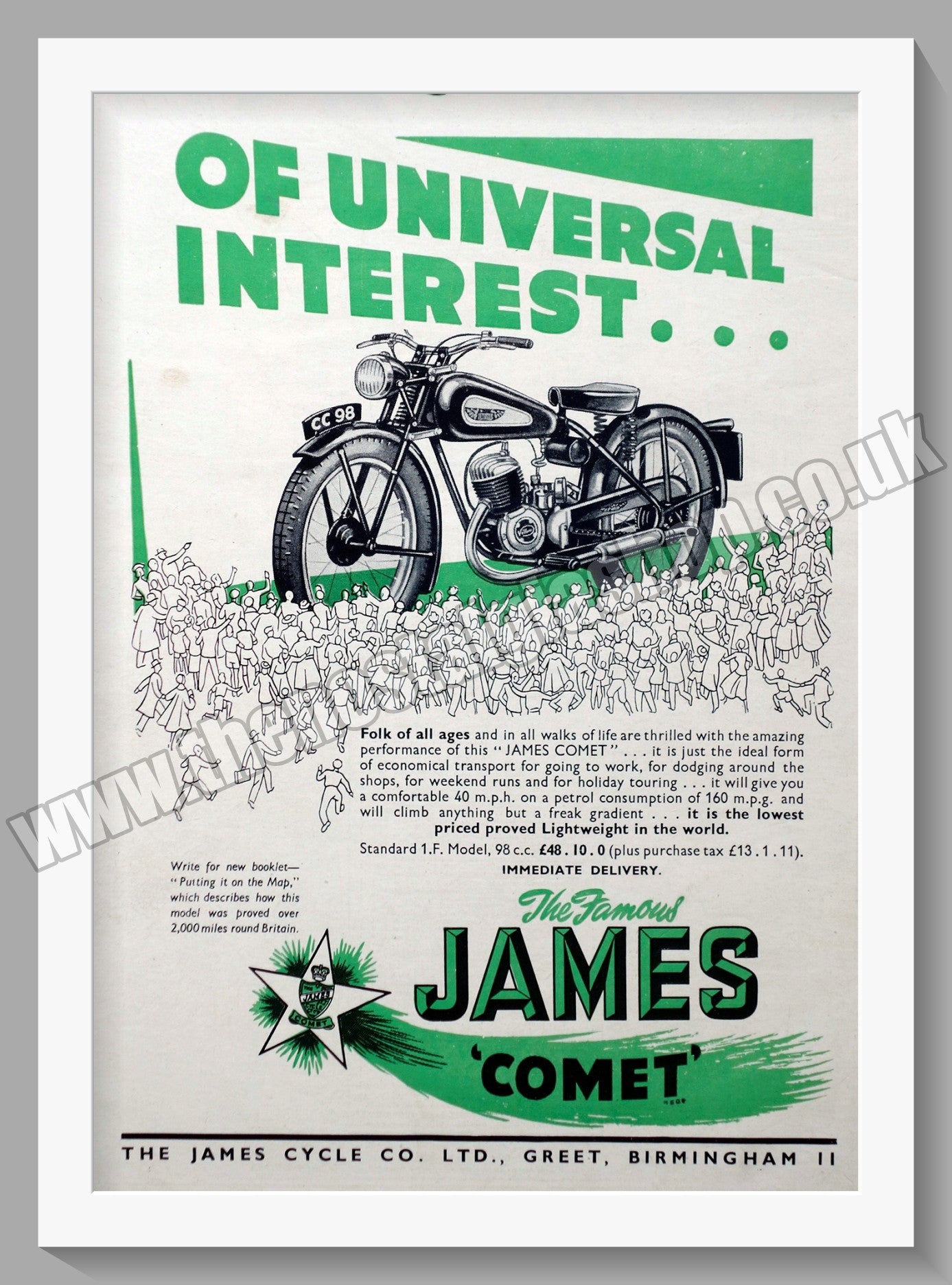 James Comet 98cc Motorcycle. Original Advert 1950 (ref AD56958)