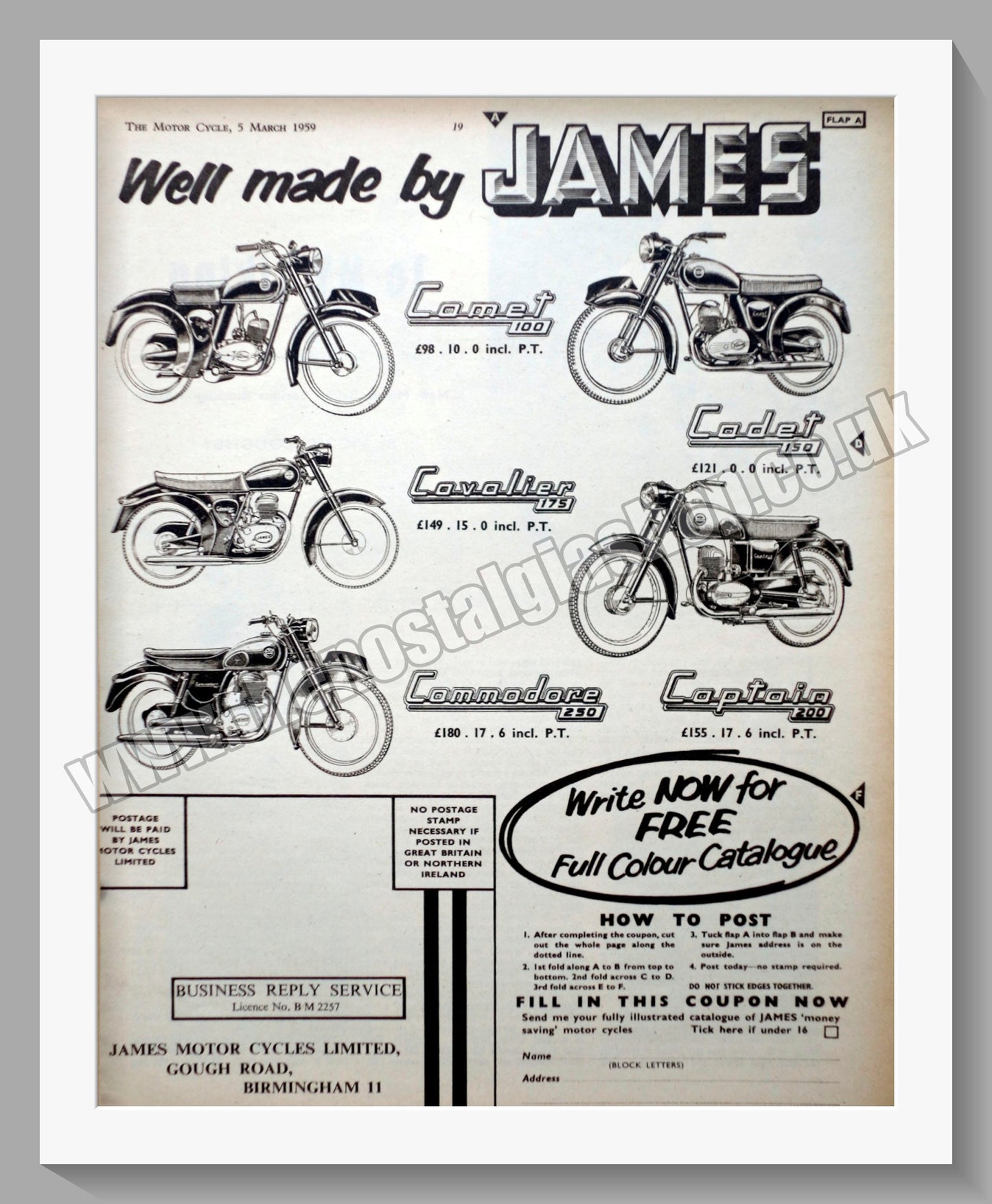 James Motorcycle Range. Original Advert 1959 (ref AD56968)