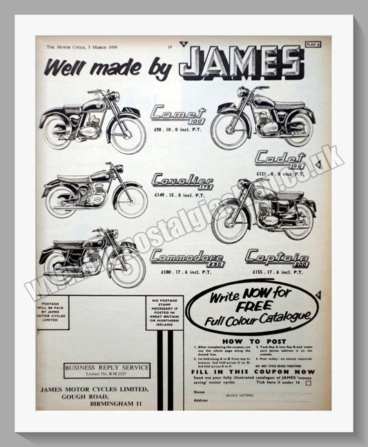 James Motorcycle Range. Original Advert 1959 (ref AD56968)