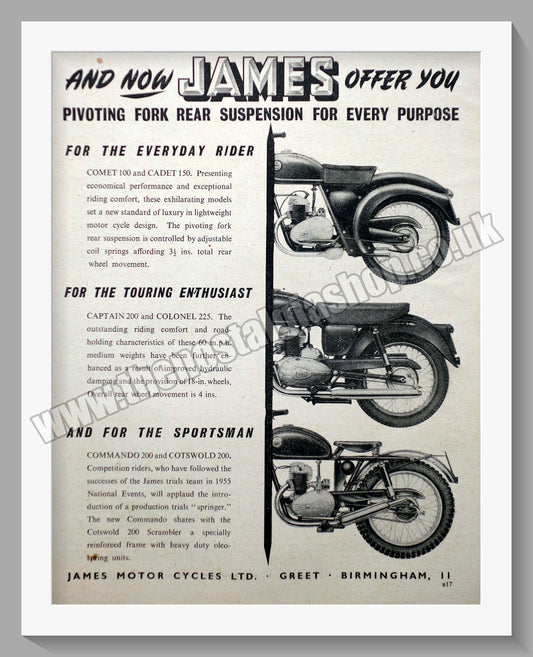 James Motorcycle Range. Rear Suspension Original Advert 1955 (ref AD56972)