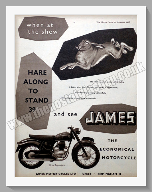James Commodore Motorcycle. Earls Court. Original Advert 1958 (ref AD56974)
