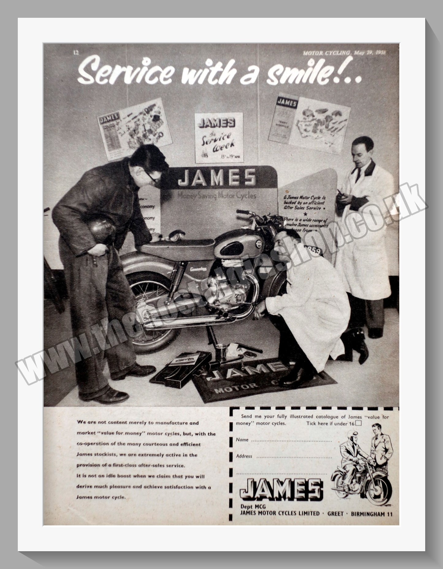 James Motorcycles. Service With a Smile. Original Advert 1958 (ref AD56975)