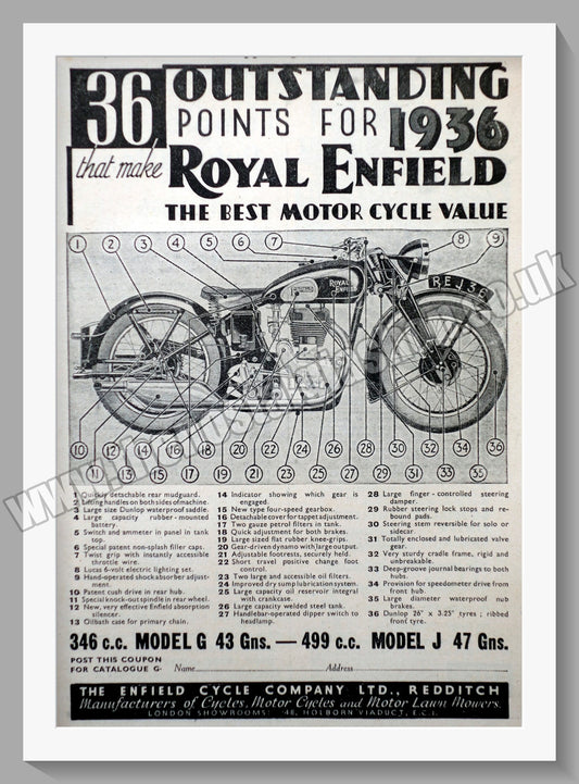 Royal Enfield Motorcycle 36 Outstanding Points for 1936. Original Advert 1936 (ref AD56997)